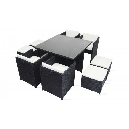 Table de jardin en résine tressée 8 fauteuils et 4 poufs