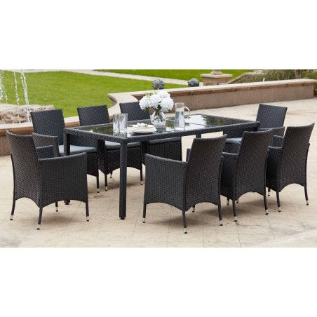 Salon de jardin table en verre et 8 fauteuils en résine tressée Salon de jardin table en verre et 8 fauteuils en résine tressée