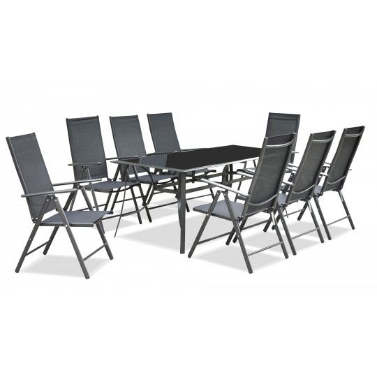 Table de jardin en aluminium et verre et 8 fauteuils pliants