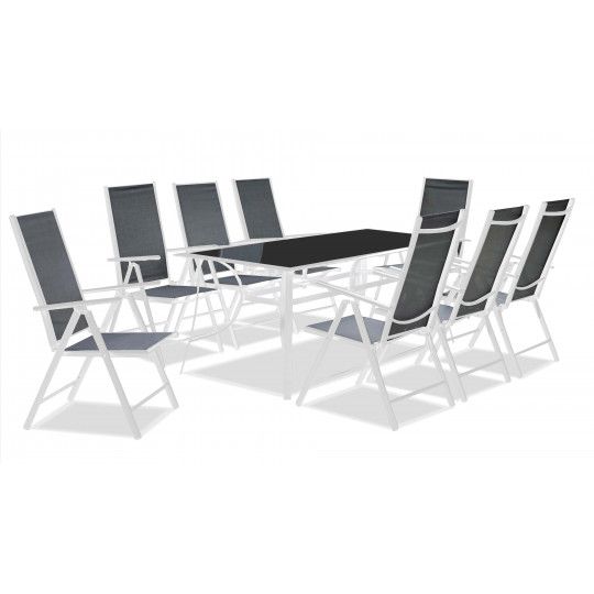 Table de jardin en aluminium et verre et 8 fauteuils pliants