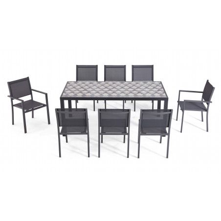 Table de jardin en aluminium et céramique motif Tripod, 6 chaises, 2 fauteuils Table de jardin en aluminium et céramique motif Tripod, 6 chaises, 2 fauteuils