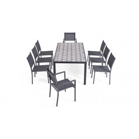 Ensemble table et chaise de jardin en aluminium et céramique motif Tripod, 6 chaises, 2 fauteuils Ensemble table et chaise de jardin en aluminium et céramique motif Tripod, 6 chaises, 2 fauteuils