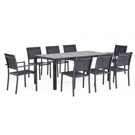 Salon de jardin 8 personnes en aluminium et céramique motif Tripod, 1 table, 6 chaises, 2 fauteuils Salon de jardin 8 personnes en aluminium et céramique motif Tripod, 1 table, 6 chaises, 2 fauteuils