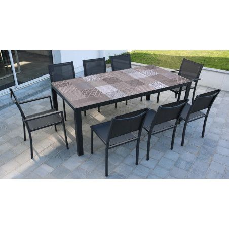 Salon de jardin 8 places en aluminium et céramique gris anthracite motif Patchwork | TIVOLI Salon de jardin 8 places en aluminium et céramique gris anthracite motif Patchwork | TIVOLI