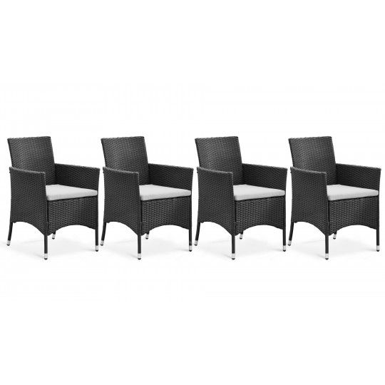 Lot de 4 fauteuils de jardin en résine tressée avec coussins blancs