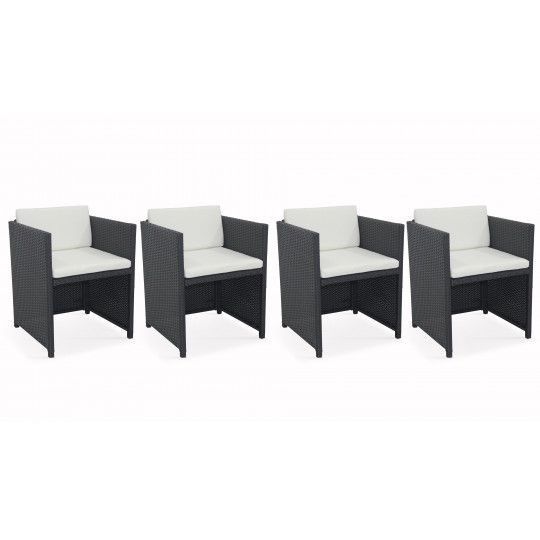 Lot de 4 fauteuils de jardin en résine tressée avec coussins blancs | BIARRITZ