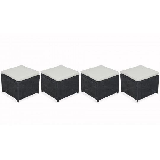 Lot de 4 poufs de jardin en résine tressée avec coussins blancs | Biarritz
