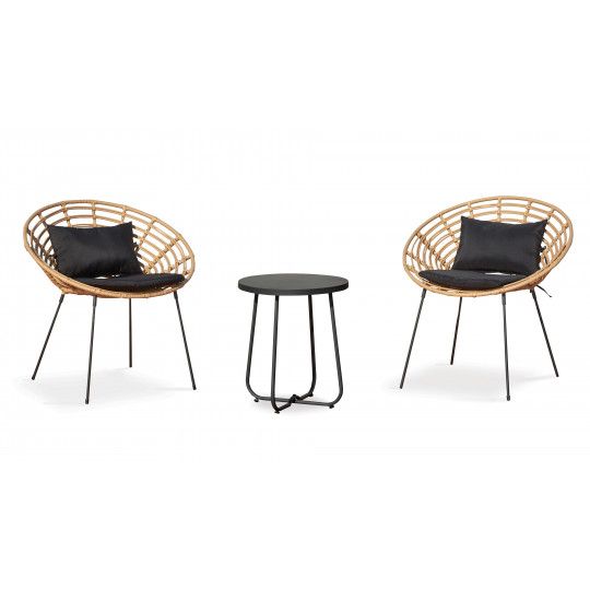 Lot de 2 fauteuils en rotin et 1 table basse ronde