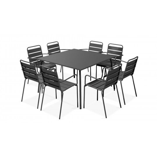 Table carrée intérieure et 8 fauteuils gris