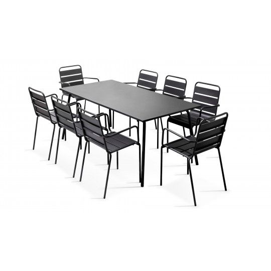 Table rectangulaire intérieure 8 personnes et 8 fauteuils gris