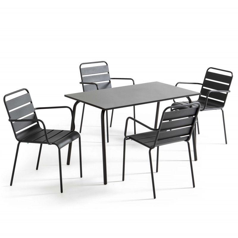 Table de jardin rectangulaire 120 x 70 cm et 4 chaises avec accoudoirs en métal (1/7)