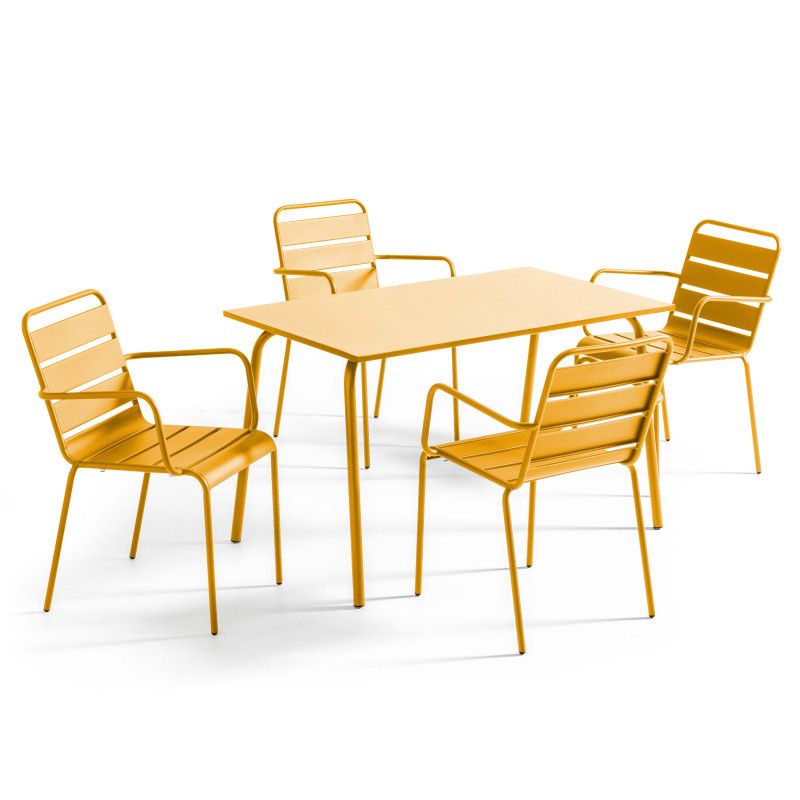 Table de jardin rectangulaire 120 x 70 cm et 4 chaises avec accoudoirs en métal (1/7)