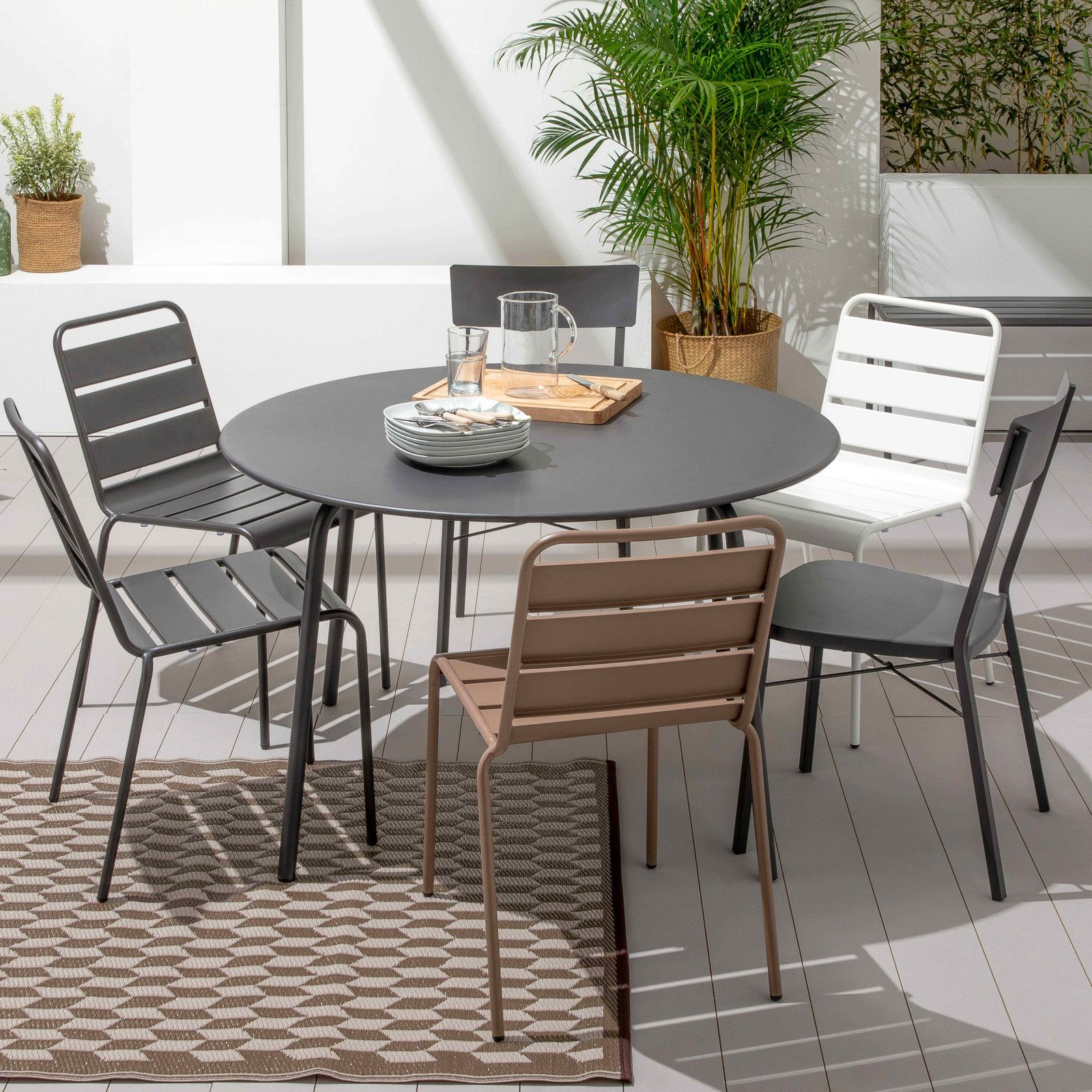 Table de jardin ronde, 6 chaises en métal PALAVAS
