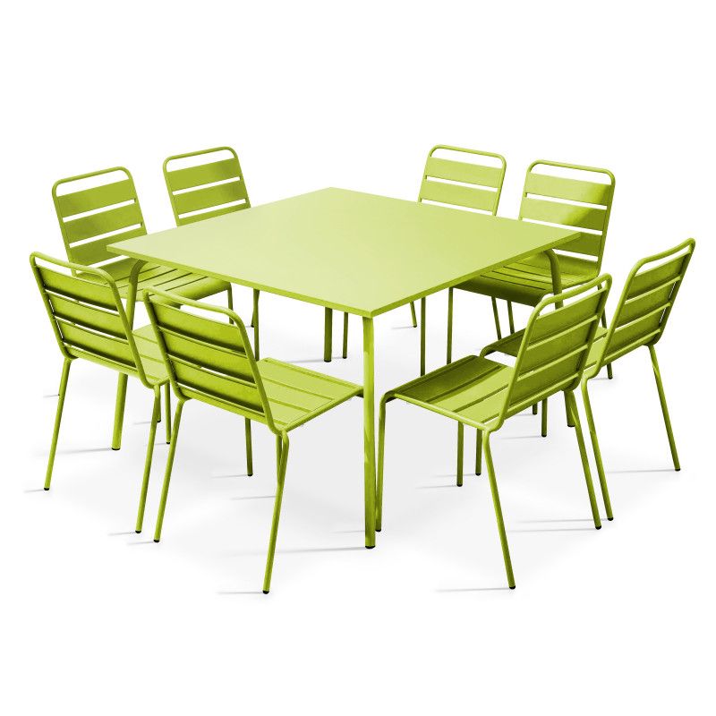 Table de jardin carrée 120 x 120 cm en métal et 8 chaises en métal
