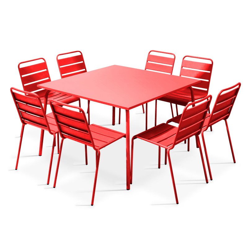 Table de jardin carrée 120 x 120 cm en métal et 8 chaises en métal