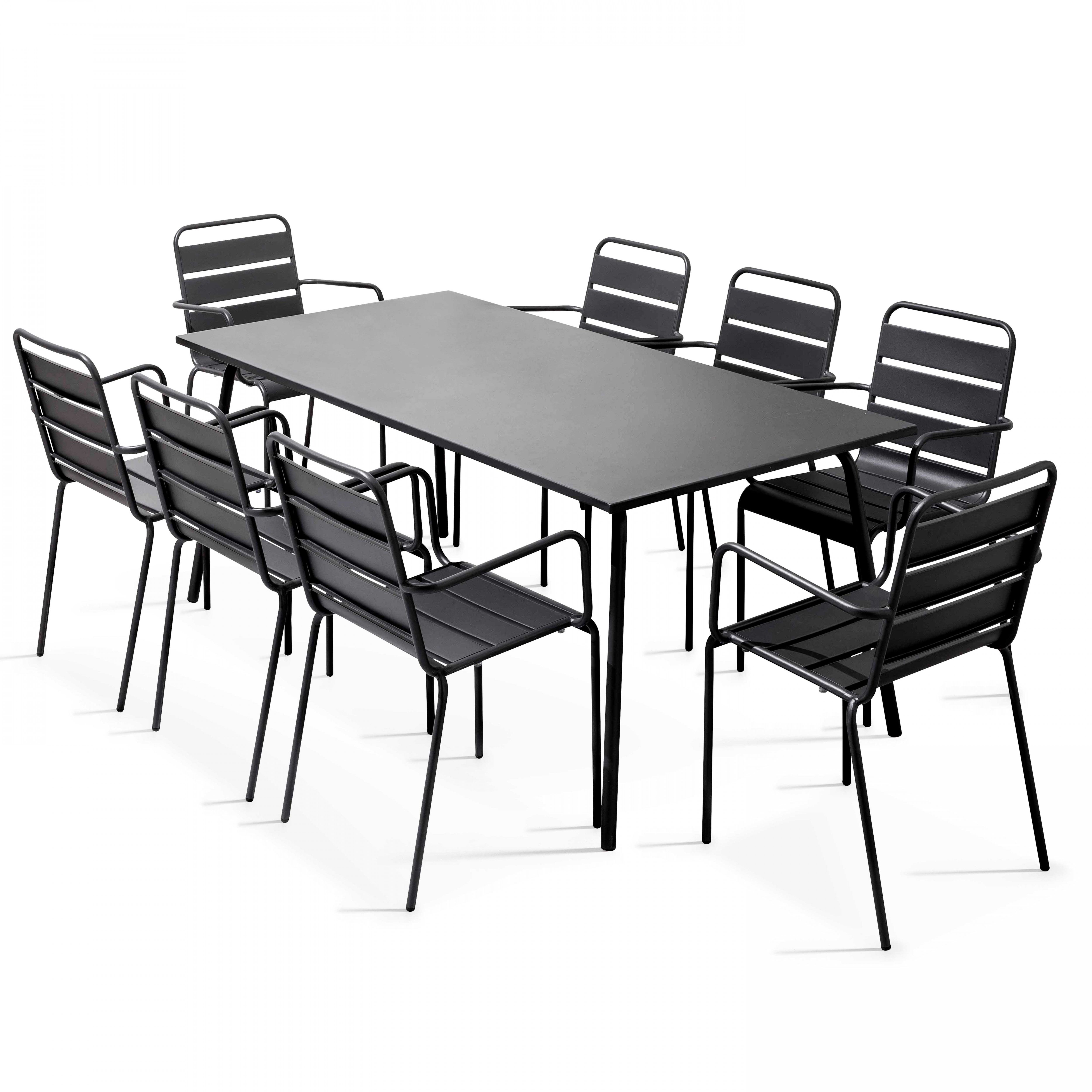 Table de jardin rectangulaire 180 x 90 cm et 8 chaises avec accoudoirs en métal