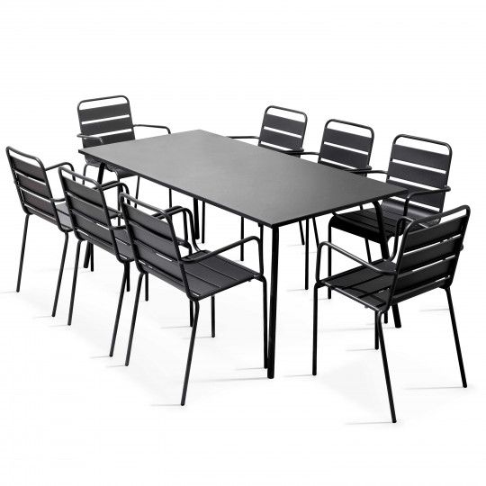 Table de jardin en métal 180x90 cm et 8 chaises avec accoudoirs (1/6)