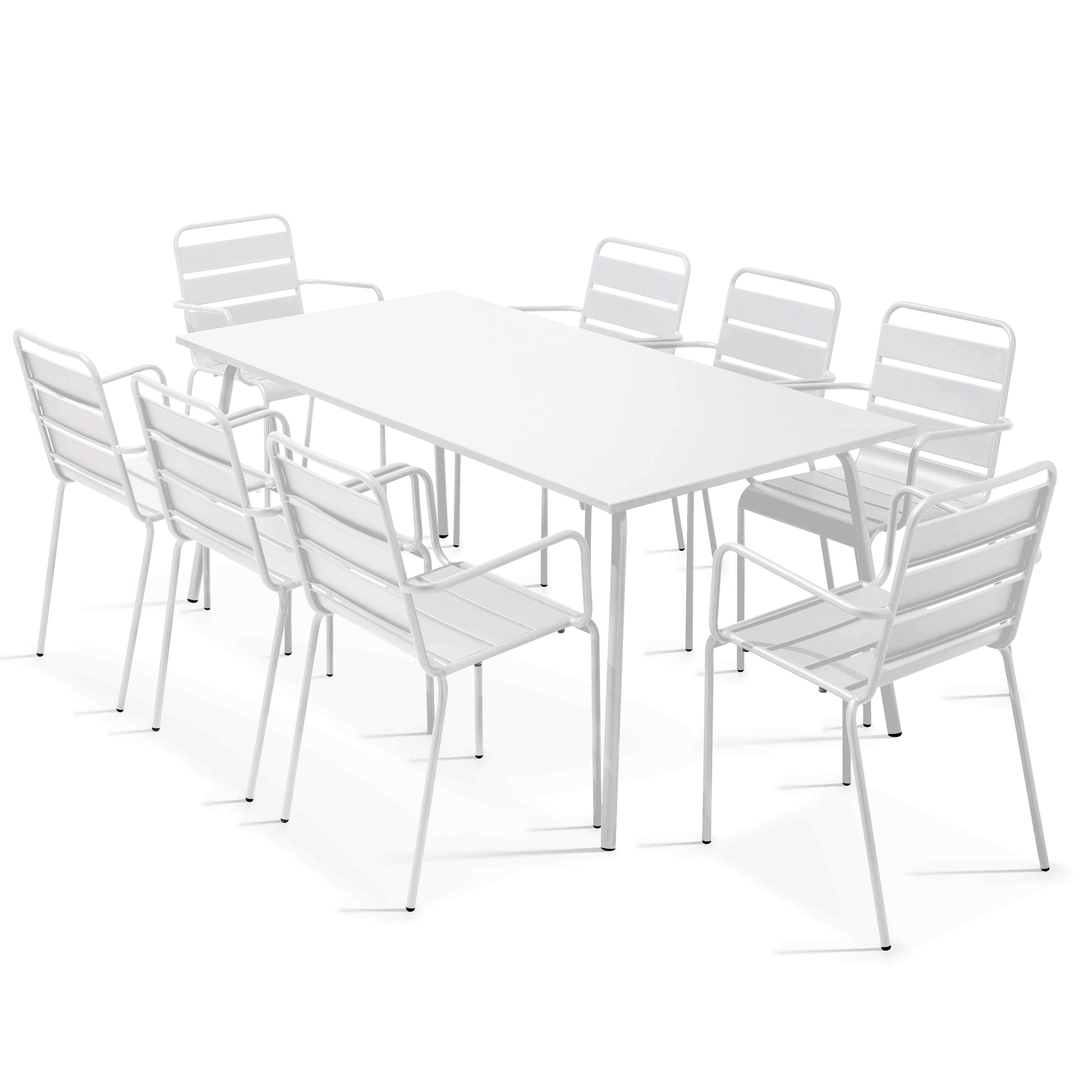 Table de jardin rectangulaire 180 x 90 cm et 8 chaises avec accoudoirs en métal
