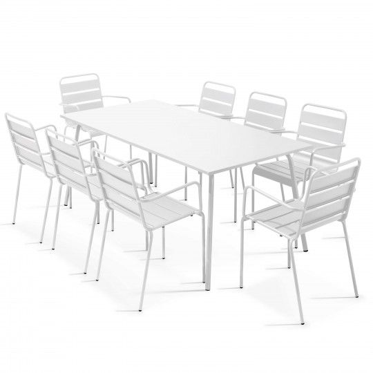 Table de jardin rectangulaire + 8 chaises avec accoudoirs en métal | Oviala