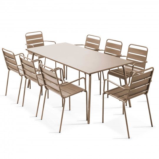 Table de jardin rectangulaire + 8 chaises avec accoudoirs en métal | Oviala