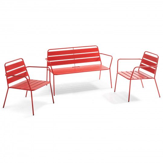 Salon de jardin en métal avec 2 fauteuils et 1 banc