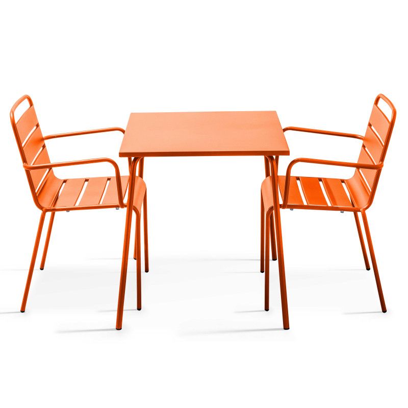 Table de jardin bistrot carrée 70 x 70 cm et 2 chaises en métal avec accoudoirs (1/6)
