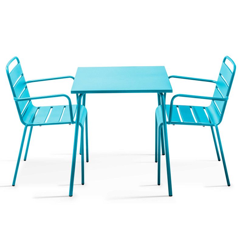 Table de jardin bistrot carrée 70 x 70 cm et 2 chaises en métal avec accoudoirs (1/6)