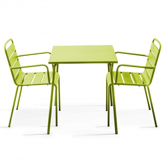 Table de jardin carrée + 2 chaises en métal empilables | Oviala