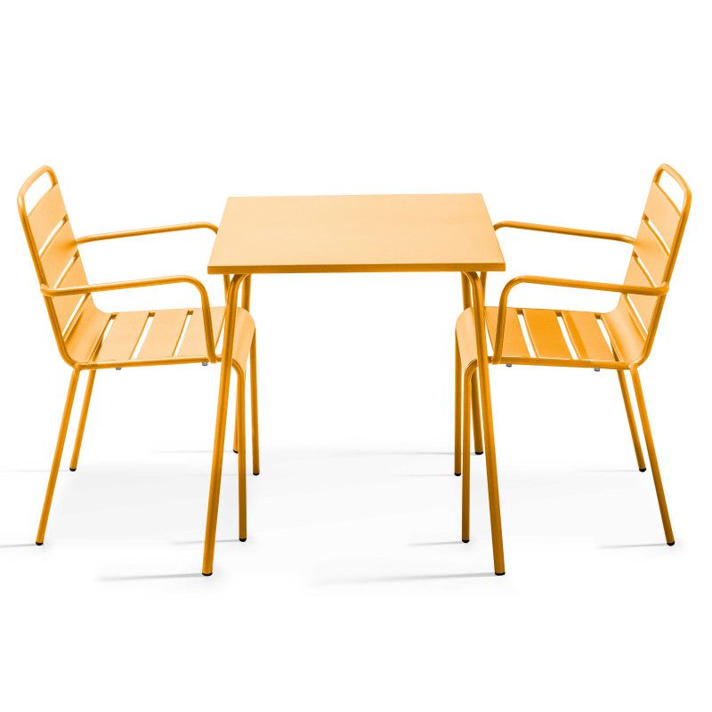 Table de jardin bistrot carrée en métal 70x70 cm et 2 chaises avec accoudoirs (1/6)