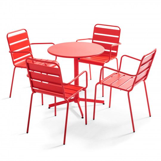 Table de jardin bistrot ronde inclinable en métal Ø70 cm et 4 chaises avec accoudoirs | Oviala