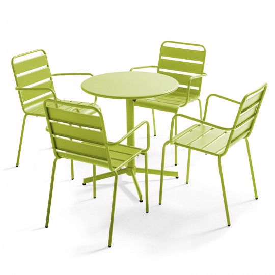 Table de jardin bistrot ronde inclinable en métal Ø70 cm et 4 chaises avec accoudoirs | Oviala