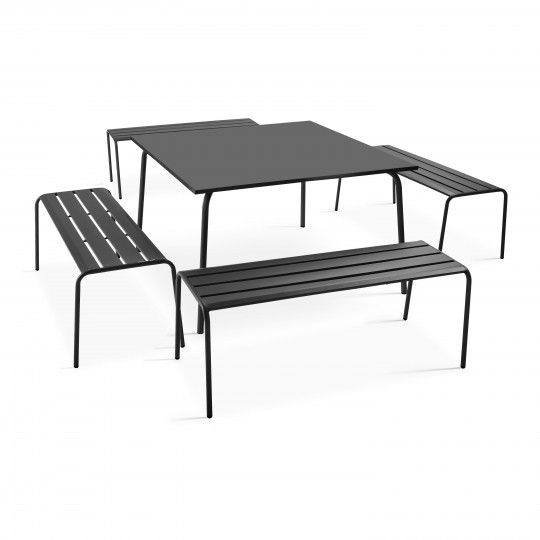 Table de jardin carrée 120 x 120 cm et 4 bancs en métal (1/1)