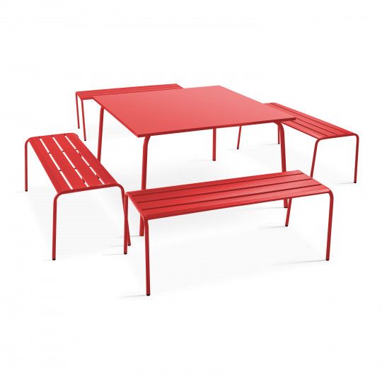 Table de jardin carrée 120 x 120 cm et 4 bancs en métal (1/6)