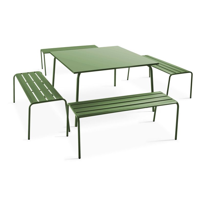 Table de jardin carrée en métal 120x120 cm et 4 bancs (1/6)