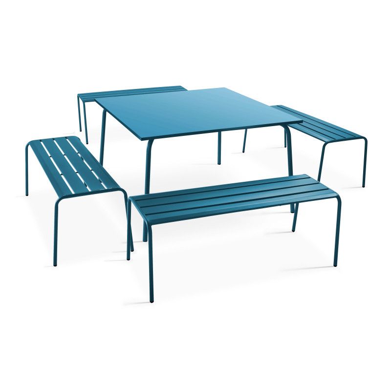 Table de jardin carrée 120 x 120 cm et 4 bancs en métal (1/6)