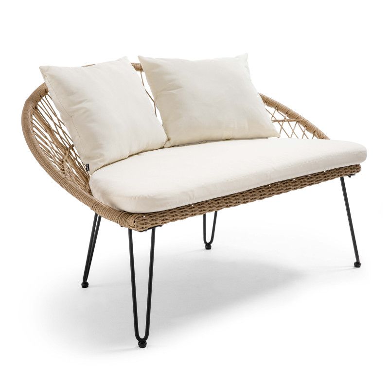 Canapé de jardin 2 places en rotin synthétique avec coussins blancs | BORA BORA
