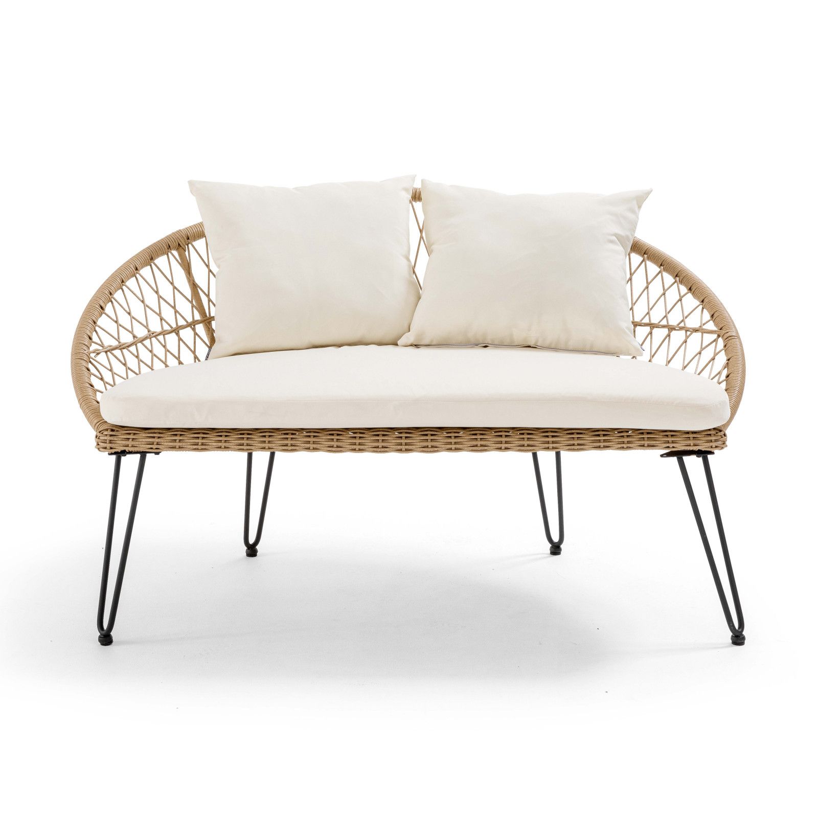 Canapé d'extérieur 2 places en rotin synthétique avec coussins blancs | BORA BORA