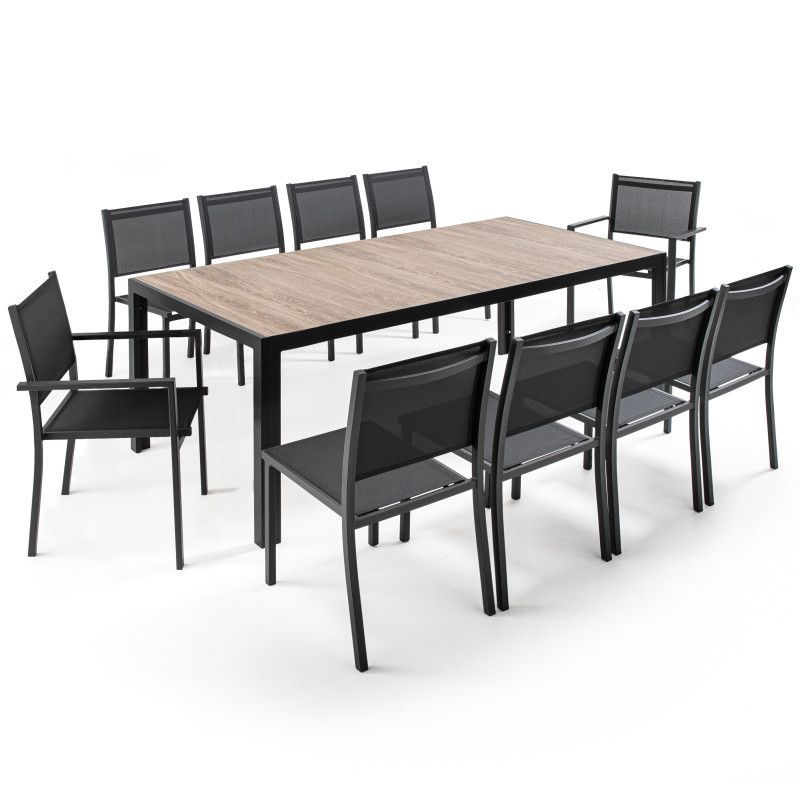 Table de jardin rectangulaire avec plateau en céramique effet bois 206 x 100 cm avec 8 chaises et 2 chaises avec accoudoirs (1/7)