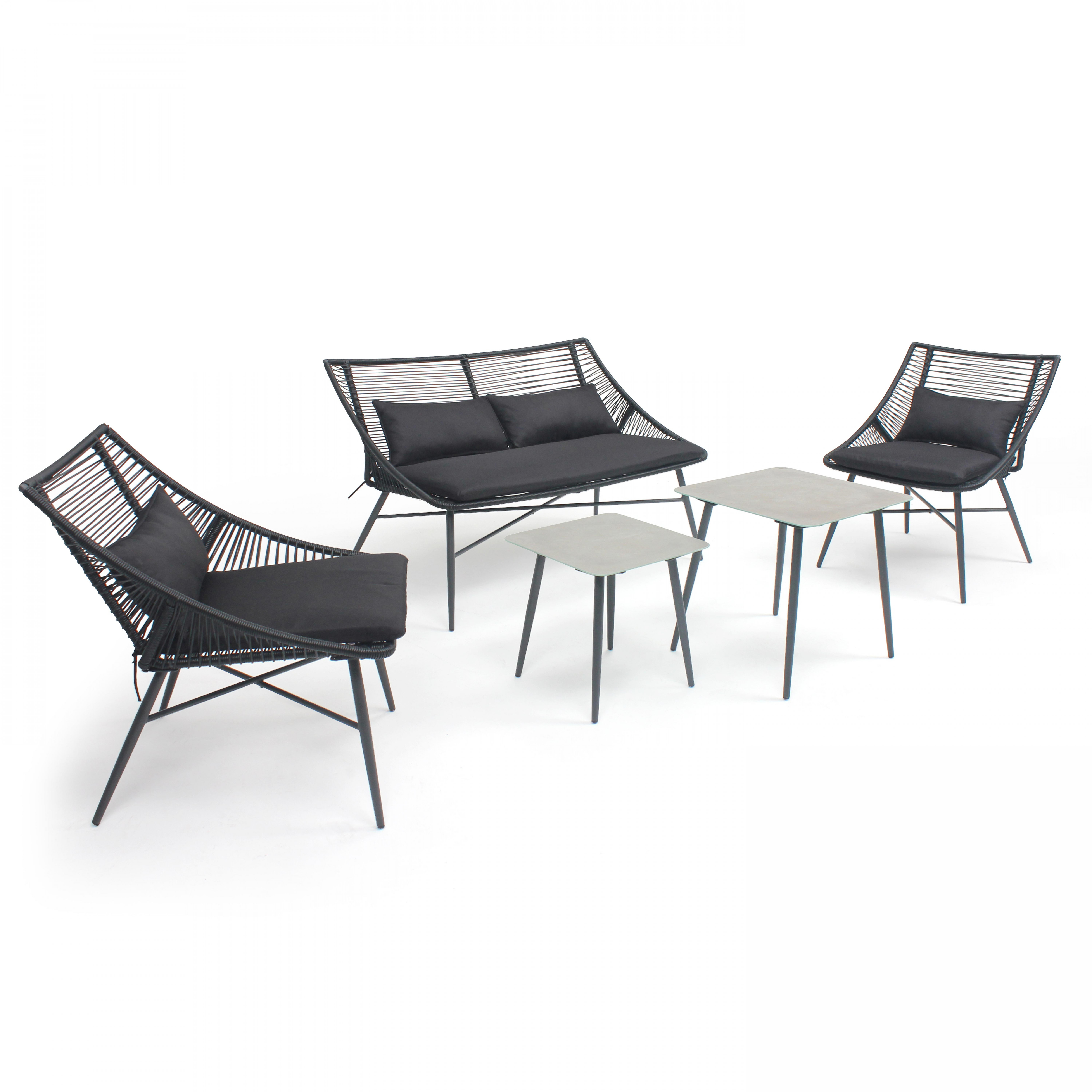 Salon de jardin en cordes (130 x 90 x 85 cm) avec canapé, 2 fauteuils et tables basses gigognes