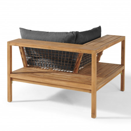Fauteuil d'angle acacia avec étagère et coussins gris Fauteuil d'angle acacia avec étagère et coussins gris