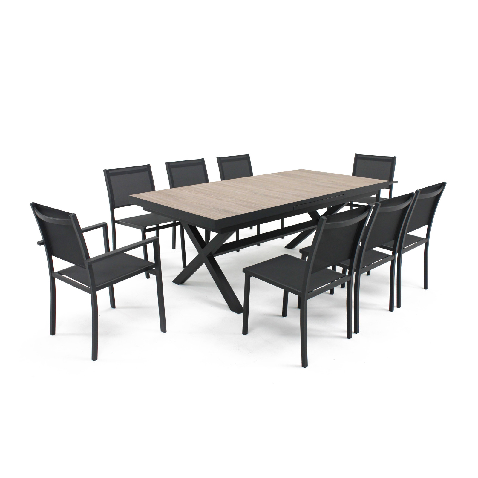 Table extensible de jardin pieds croisées et 10 chaises