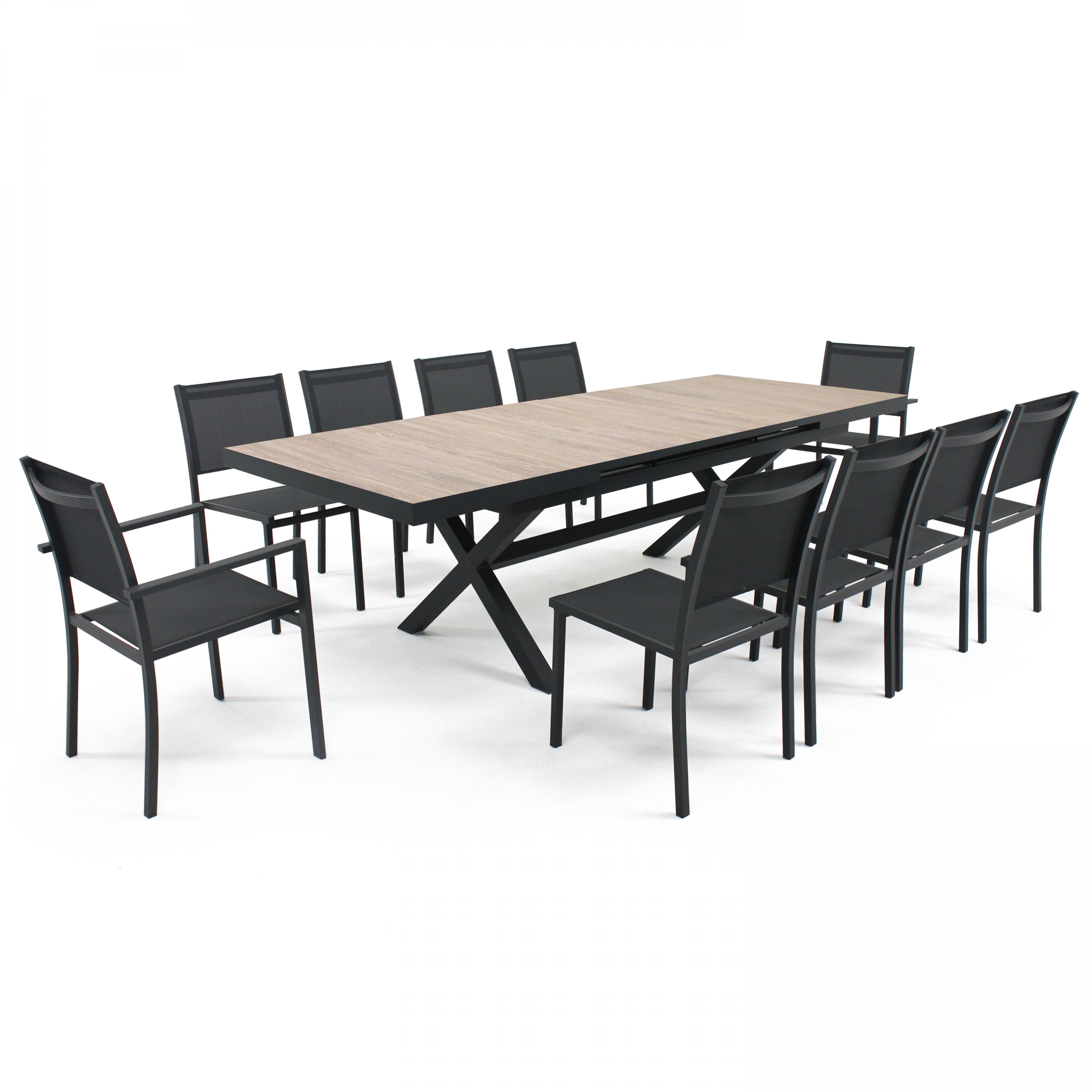 Table de jardin rectangulaire extensible (200/260 x 100 x 75 cm) avec 8 chaises et 2 chaises avec ac