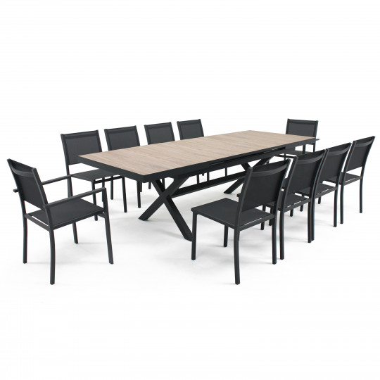 Table de jardin extensible en aluminium et céramique effet bois 200/260x100 cm et 10 chaises en textilène | Oviala
