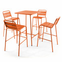 Table de bar orange en métal et 4 tabourets