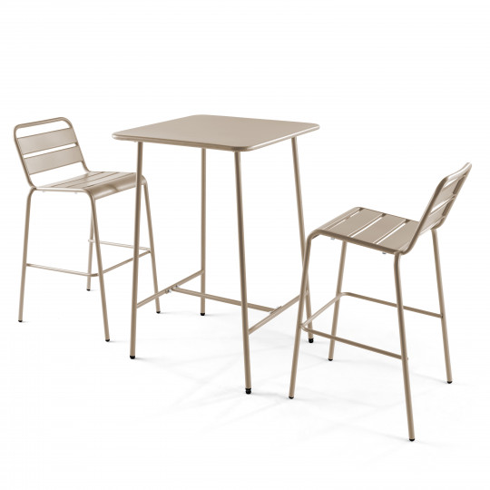 Table haute de jardin bistrot carrée en métal 70x70 cm et 2 chaises hautes | Oviala