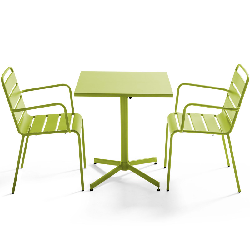 Table carrée rabattable VERTE et 2 fauteuils en métal