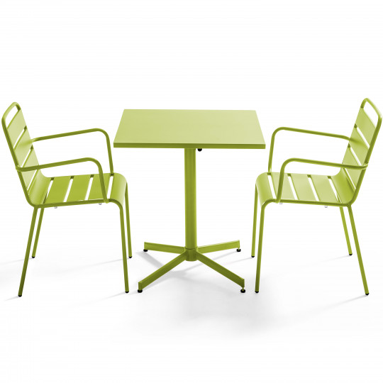 Table carrée rabattable VERTE et 2 fauteuils en métal