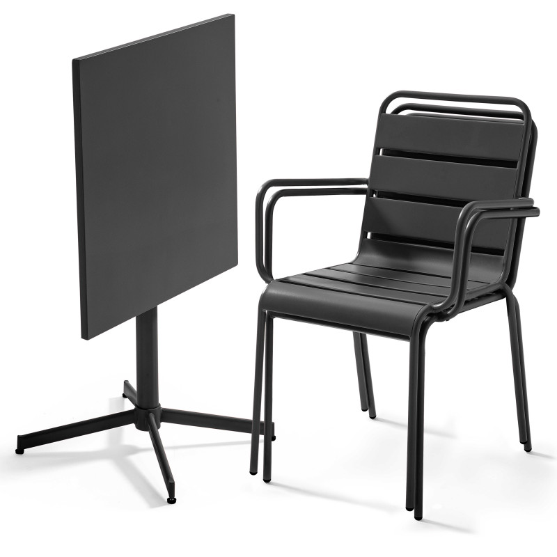 Table carrée GRISE rabattable et 2 fauteuils en métal Table carrée GRISE rabattable et 2 fauteuils en métal