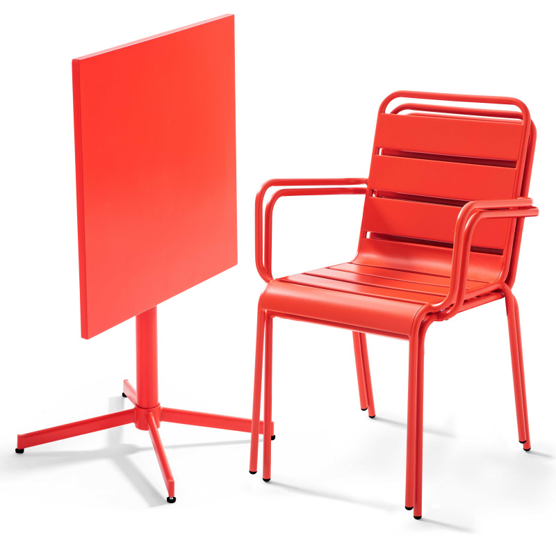 Table carrée ROUGE rabattable et 2 fauteuils en métal