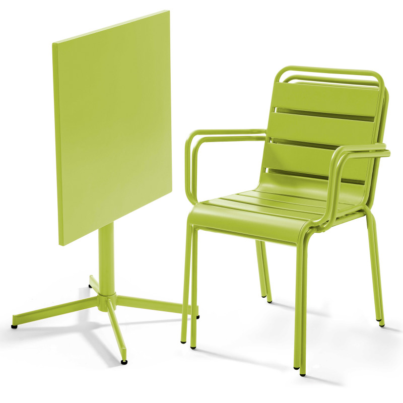 Table carrée VERTE rabattable et 2 fauteuils en métal